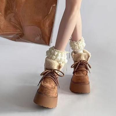 Женские массивные зимние ботинки на шнуровке, ботильоны с круглым носком, увеличение роста, плюшевая женская обувь, новая рок-мода 2025, готические ботинки