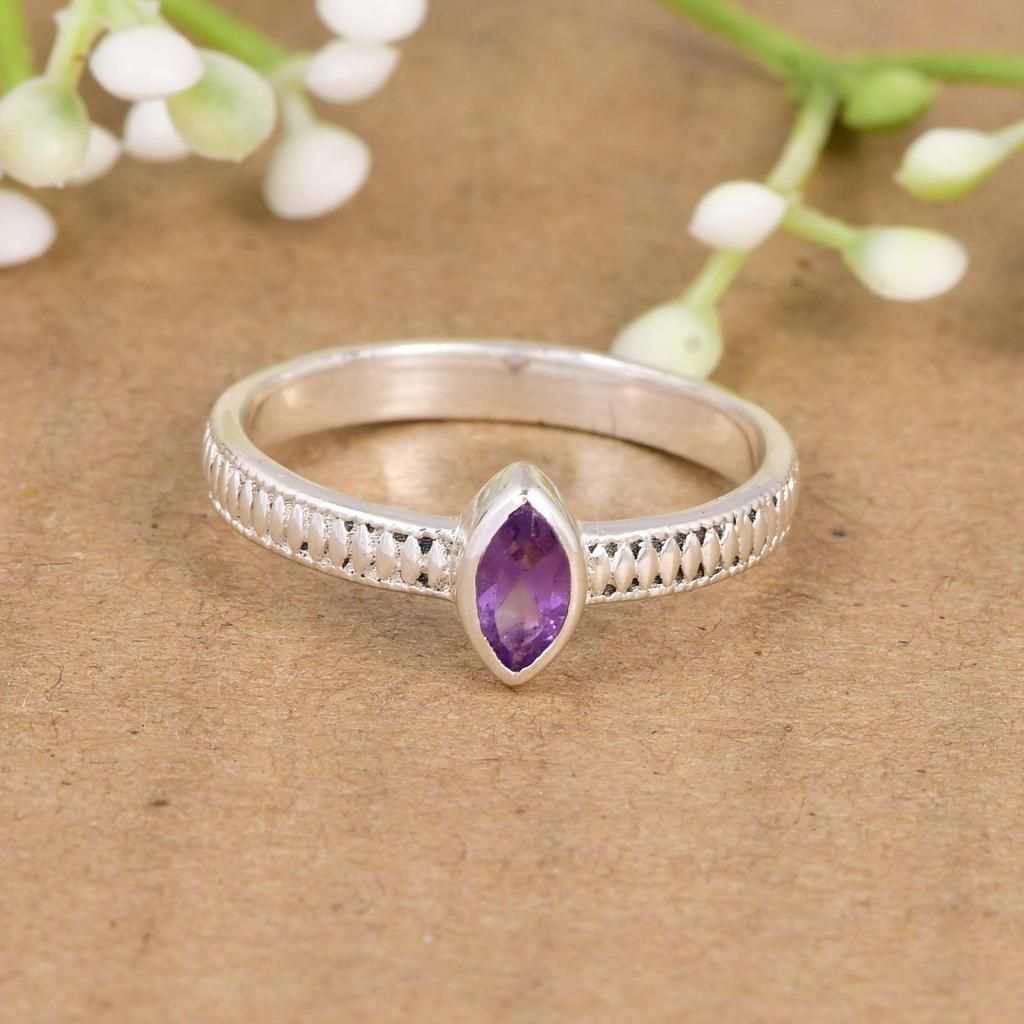 Dainty Amethyst Marquise Ring | Minimalist Sterling Silver Stacking Ring | Gift for Her | Anniversary Gift