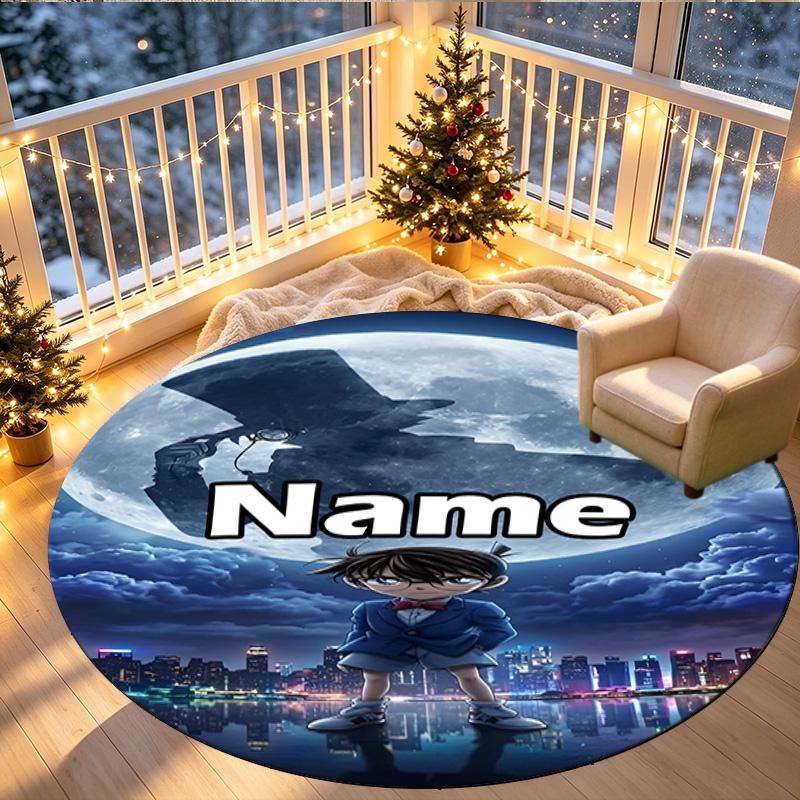 Custom Name Personalized Detective Conan Print Round Rug, Versatile Home Decor Carpet, for Playroom, Apartment, Balcony, Entryway, Hallway Gift