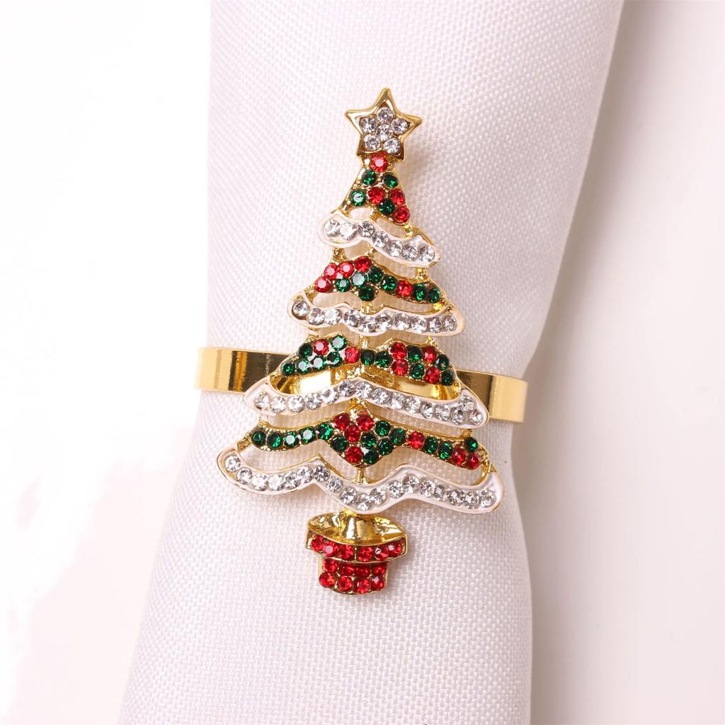 Elegant Metal Christmas Tree Napkin Rings with Sparkling Rhinestones Napkin Holder For Festives Party Table Decoration