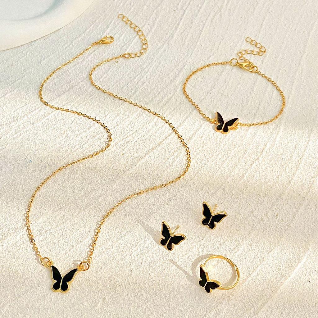 5 Pieces Gold Color Lady Enamel Butterfly Pendant Fashion Accessories Simple Necklace Bracelet Ring Earrings Party Zircon Set
