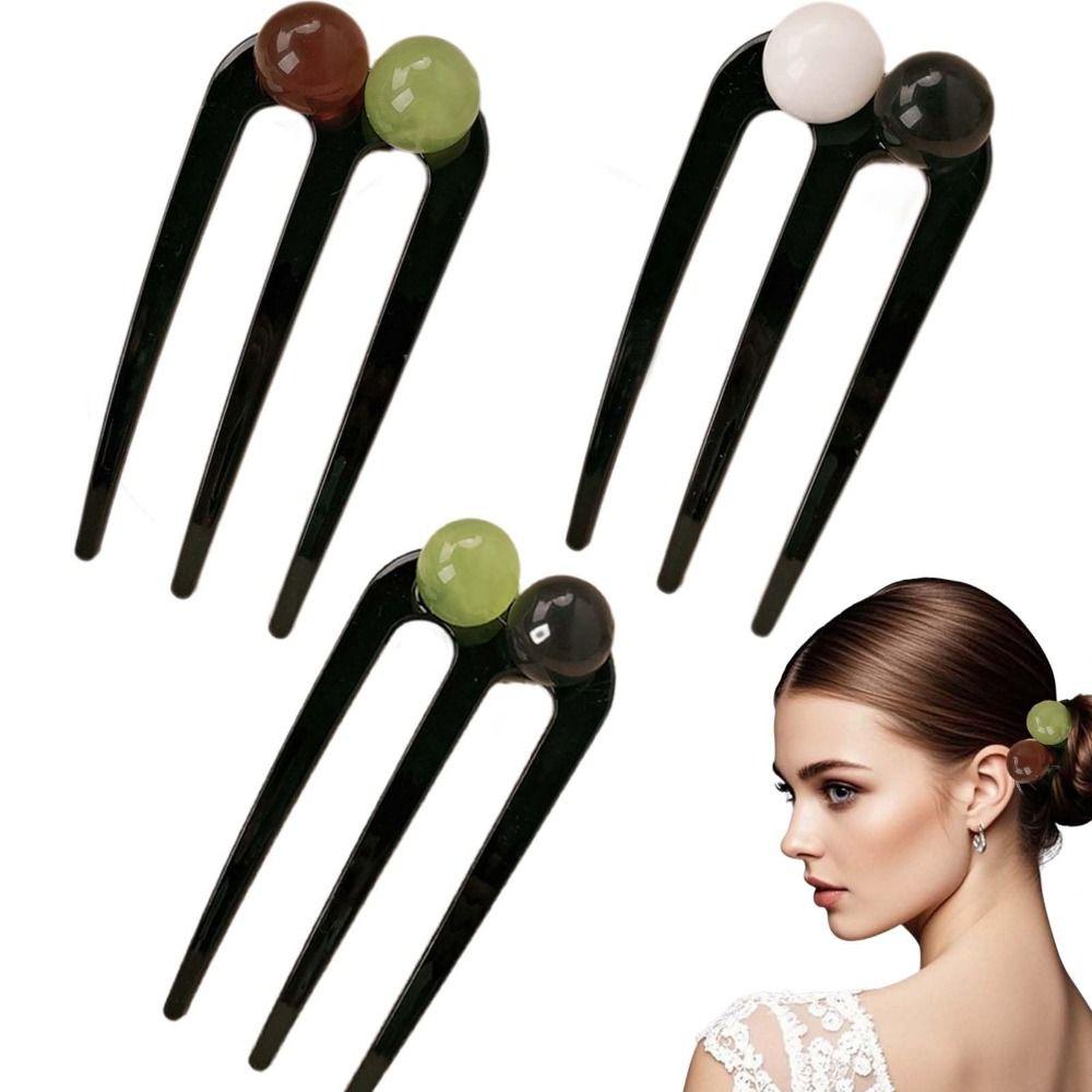 Three Tooth U-Shaped Hair Pin Plastic Meatball Disc Sturdy Hair Accessory  Hair Buns