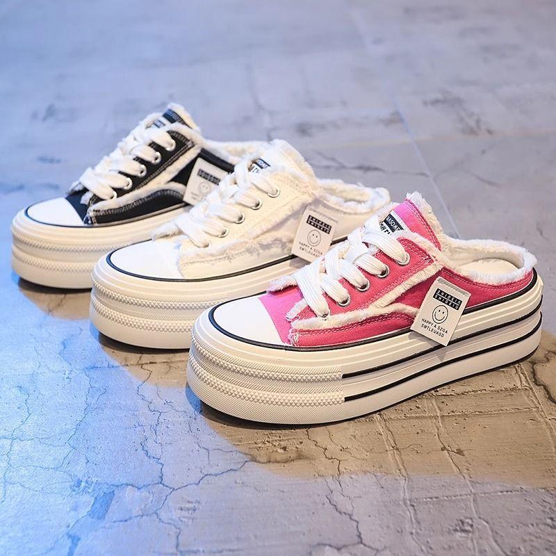 Холщовая сумка-тоут из бисквитной ткани, голова, полутапочки, женская летняя обувь 2025, новая обувь на платформе без каблука, ленивая тканевая обувь