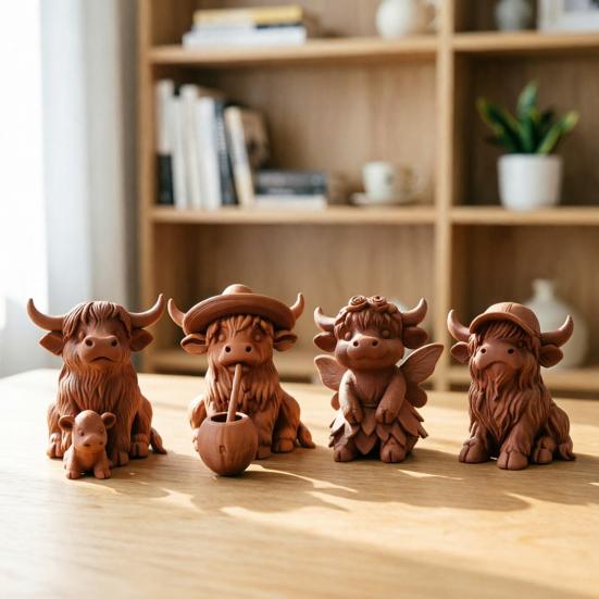 Деревенское украшение в виде шотландской коровы, 3D-печатная статуэтка коровы терракотового цвета, милая фигурка шотландской коровы для домашнего стола, полки, декора фермерского дома