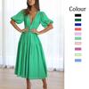 Women Spring Solid Color Short Puff Sleeve Dress Summer Casual V-Neck High Waist Ankle-Length Dresses S-XL