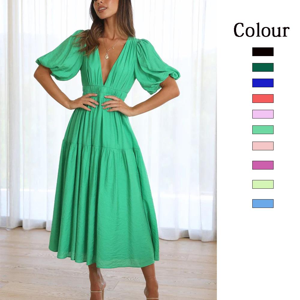 Women Spring Solid Color Short Puff Sleeve Dress Summer Casual V-Neck High Waist Ankle-Length Dresses S-XL