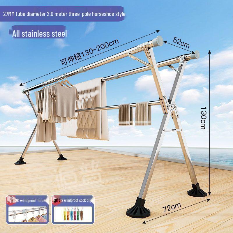 Bold Stainless Steel Folding Clothes Drying Rack - Floor-Standing, Telescopic, Indoor/Outdoor Use, Vertical Hanging Rod.