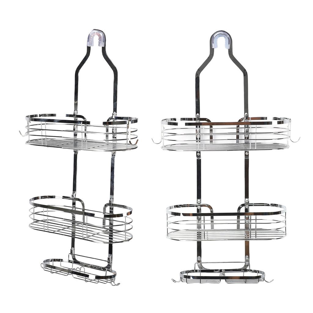 Shower Caddy Hanging Over Head Iron Bathroom Organizer Shelves with Soap Holder 2 Hooks for Towels Sponge Silver