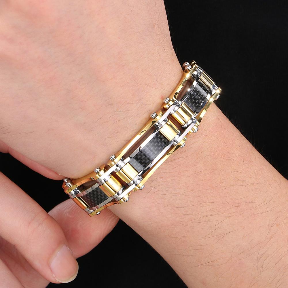 15MM Width Black Fibre Motorcycle Chain Man Bracelet for Men Casting Gold Color 316L Stainless Steel Men's Bracelets & Bangles