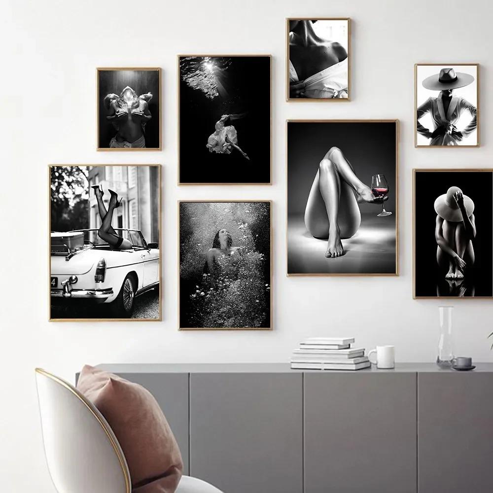 Black White Angel Wings Fashion Poster Nude Woman Wine Glass Canvas Print Painting Sexy Beautiful Girl Vintage Picture Home Deco