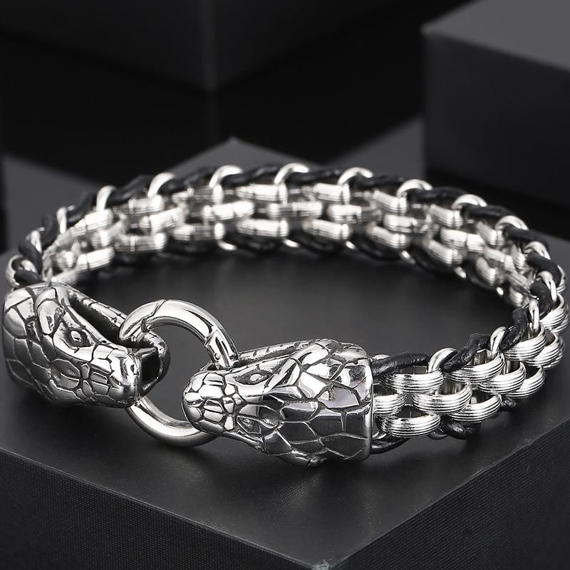 Готический однотонный браслет из нержавеющей стали со змеиной головой для мужчин, байкерский мужской браслет, плетеный кожаный ремешок на запястье со змеиной головой