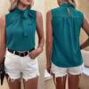 Summer 2022  Fashion Women Clothing Elegant Office Lady Sleeveless Blouse Solid Color Blue Tops Bow Shirt Blusa Mujer 24289