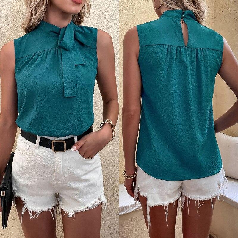 Summer 2022 Fashion Women Clothing Elegant Office Lady Sleeveless Blouse Solid Color Blue Tops Bow Shirt Blusa Mujer 24289