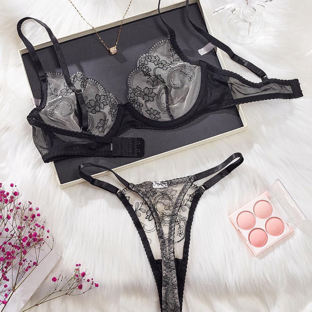 Летний женский комплект нижнего белья, сексуальный кружевной комплект с цветочной вышивкой, бюстгальтер, французский ультратонкий дышащий бюстгальтер, модное нижнее белье, стринги