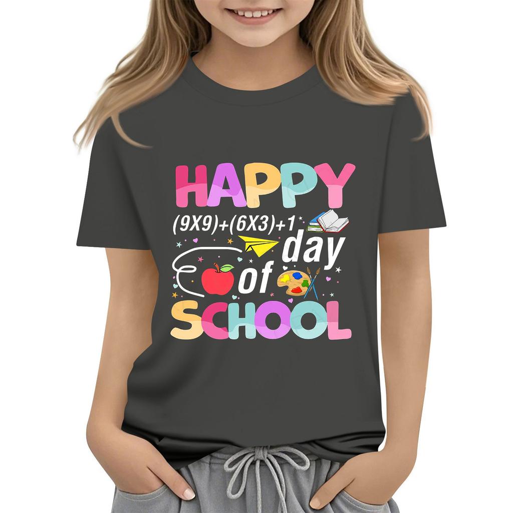 Kids Fashion Casual Short Sleeve 100 Day School Anniversary Printed Round Neck T-Shirt Top