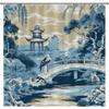 Aqua Teal Blue Asian Scenic Shower Curtain Oriental Ancient Pagoda China Garden Bath Curtain Chinoiserie Style Bathroom Curtain