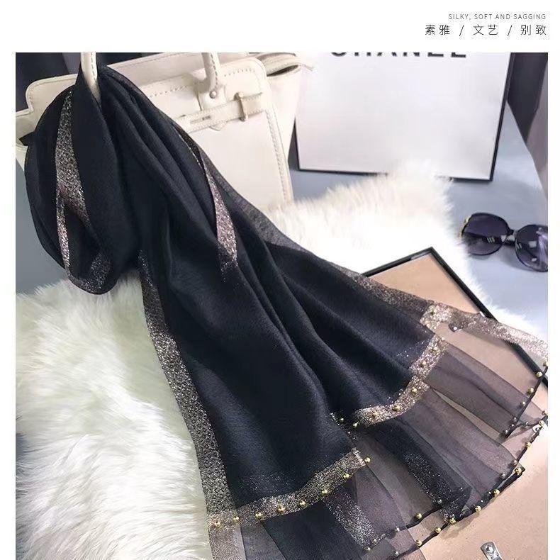 Новый шарф для женщин, тонкий, с бисером, однотонный, шаль, шарф из марли с золотой нитью, персонализированный, шарф из искусственного шелка, весна и осень