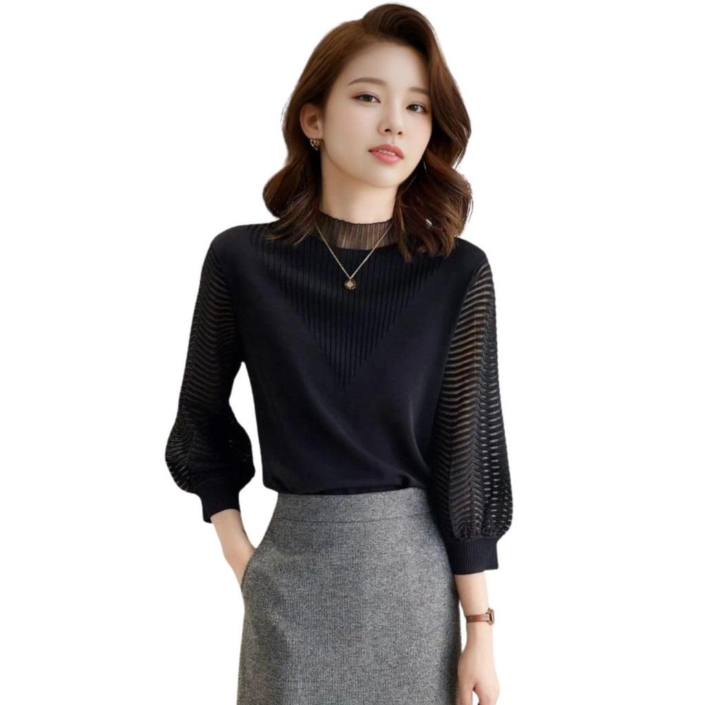J-Scott Balloon Sleeve Knit Top with Lace Neck, Ribbed Design, Stand-Up Collar, 3/4 Sleeves, Sheer, and Puff Sleeves, Black (JS92-BK-M)