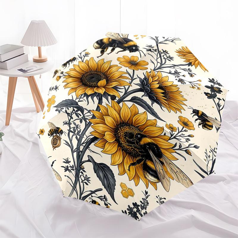 1PC Sunflowers Bees Umbrella-8-Rib Reinforced, Automatic Open, Lightweight & Durable, Fashion Accessory for Outdoor, Beach L0423