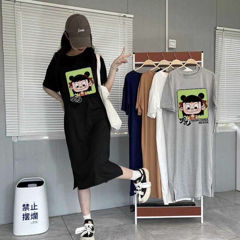 Short-sleeved t-shirt women's summer new large size fat mm Korean medium and long loose bf lazy t-shirt skirt maternity dress