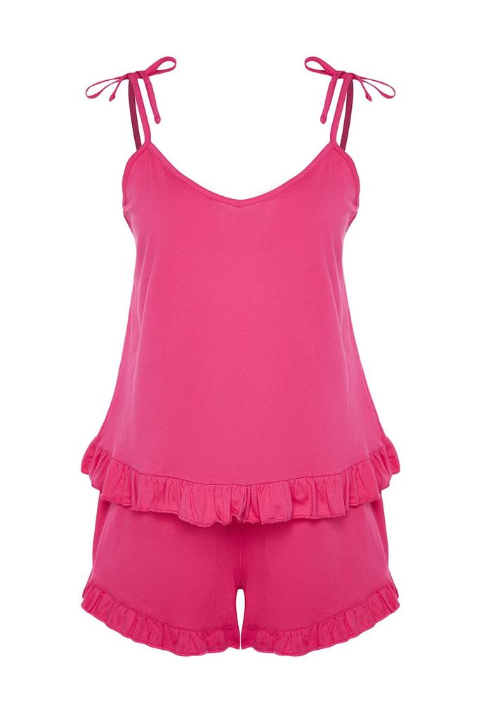 Женский трикотажный пижамный комплект больших размеров цвета фуксии с завязками