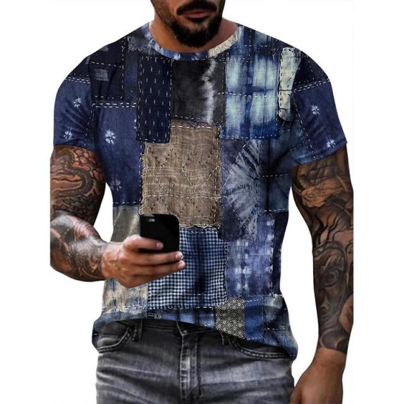 Vintage T-Shirt For Men Patchwork Denim Graphic Tee 3D Printing Short Sleeve Casual T Shirt Oversized Men's Clothing Tops Summer