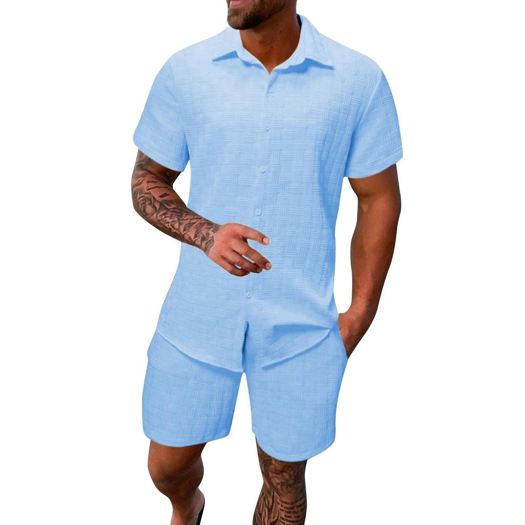 Men's Summer Solid Color Short Sleeve Button Lapel Shirt Shorts Set