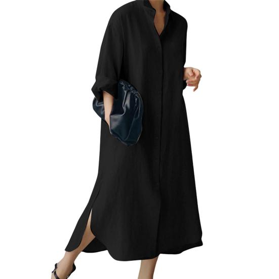 Женское платье с длинным рукавом, нерегулярным разрезом, однотонное однобортное повседневное платье-рубашка со свободными лацканами