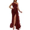 Women Evening Dress One Shoulder Sleeveless Shiny Sequin Padded Feather Decor High