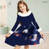 Girls High Neck Long Sleeve Furry Trim Tie Waist Red White Blue Eagle Star Printed A Line Flared Dress