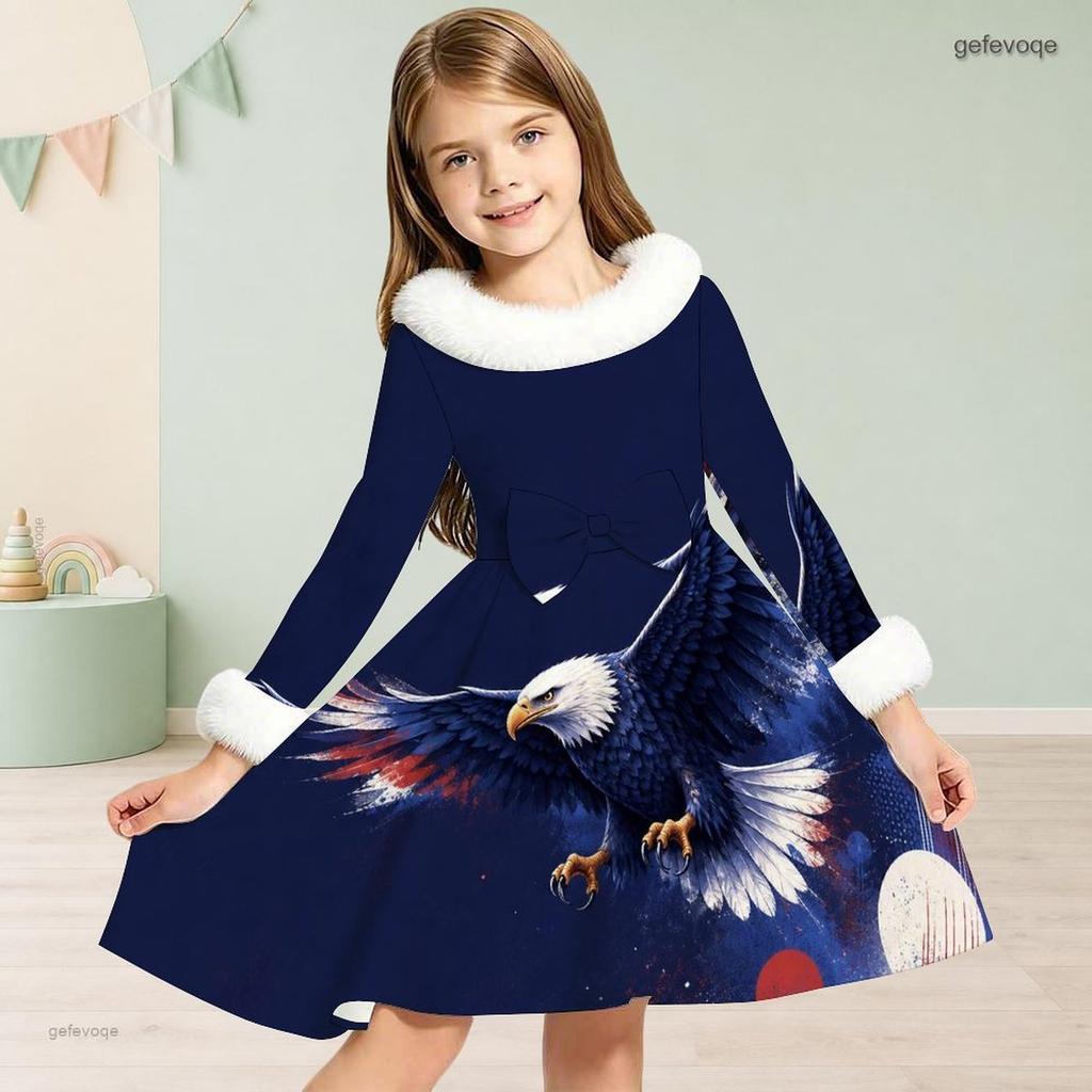 Girls High Neck Long Sleeve Furry Trim Tie Waist Red White Blue Eagle Star Printed A Line Flared Dress