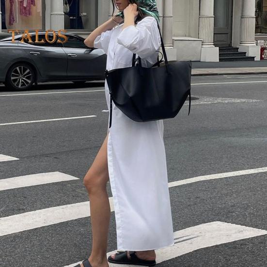Women Shirt Dress Lapel Long Sleeve Side Slit Design Casual Shirt Solid Color Buttons Closure Maxi Dress Daily Wear