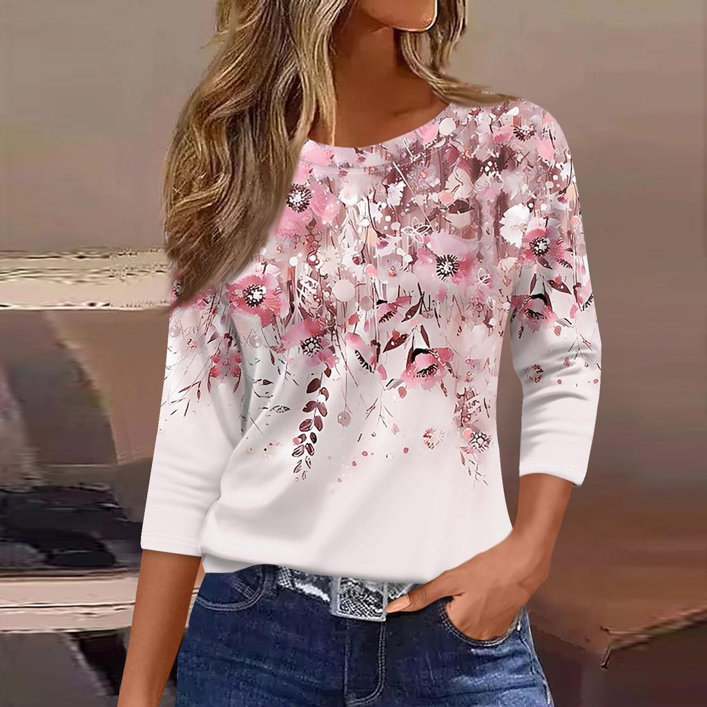 Women's Casual And Fashionable Floral Print Round Neck Top With Seven Quarter Sleeves And Loose Fit Top