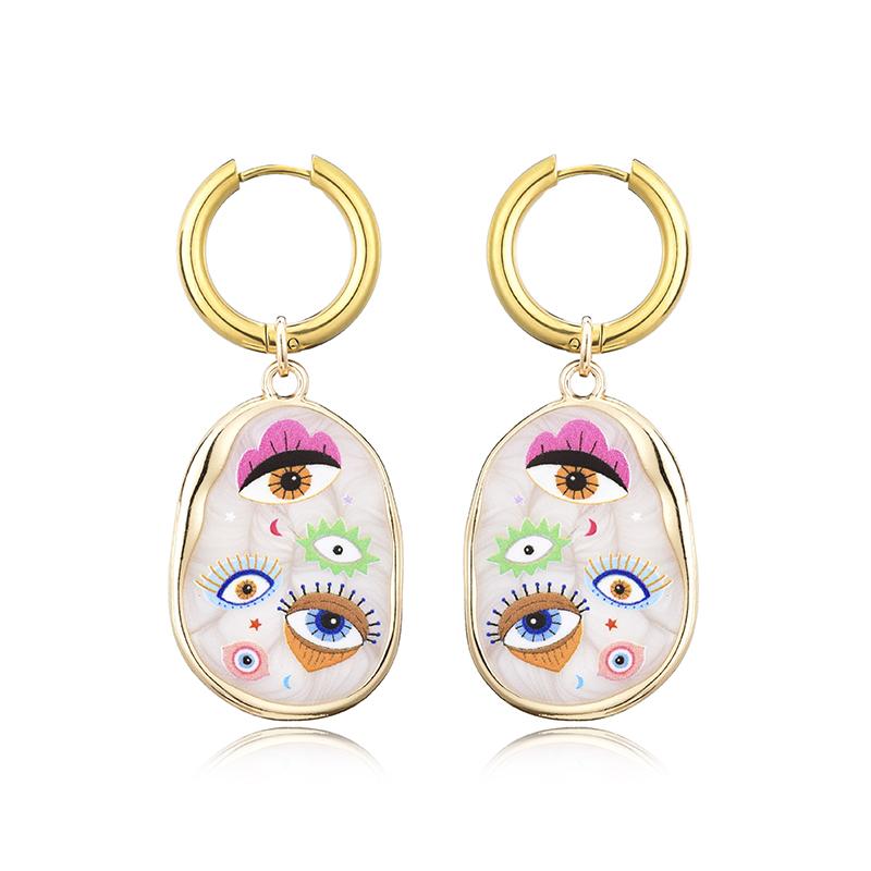 Trendy Colorful Eye Heart Star Pattern Stainless Steel Hoop Earrings Woman Vintage Geometric Enamel Gold Color Female Jewelry