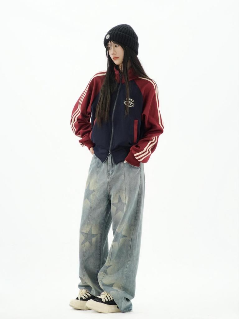 Американский Ретро Преппи Полосатый Кардиган Колорблок - Женская Короткая Куртка на Молнии со Стойкой