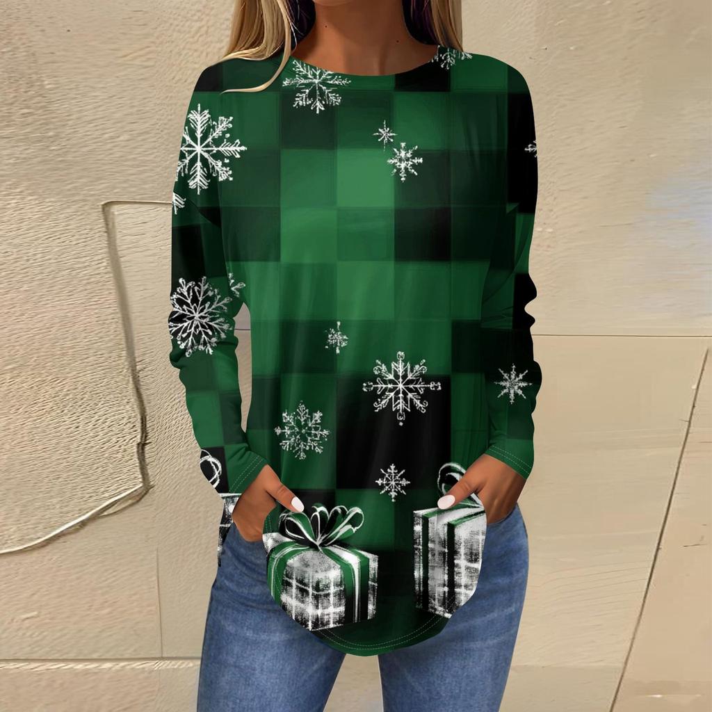 Женская свободная футболка с круглым вырезом и длинными рукавами с принтом в стиле ретро, пуловер на Рождество