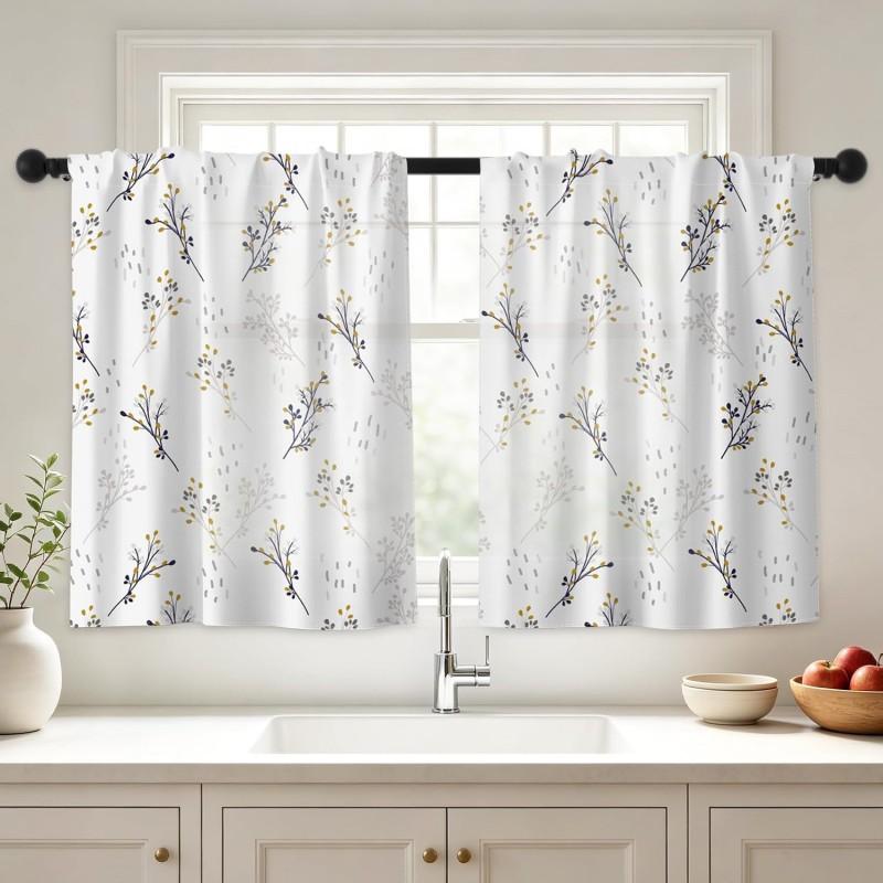 Botanical Print Short Curtain Kitchen Cafe Living Room Modern Minimalist Chinese Style Sheer Window Treatment