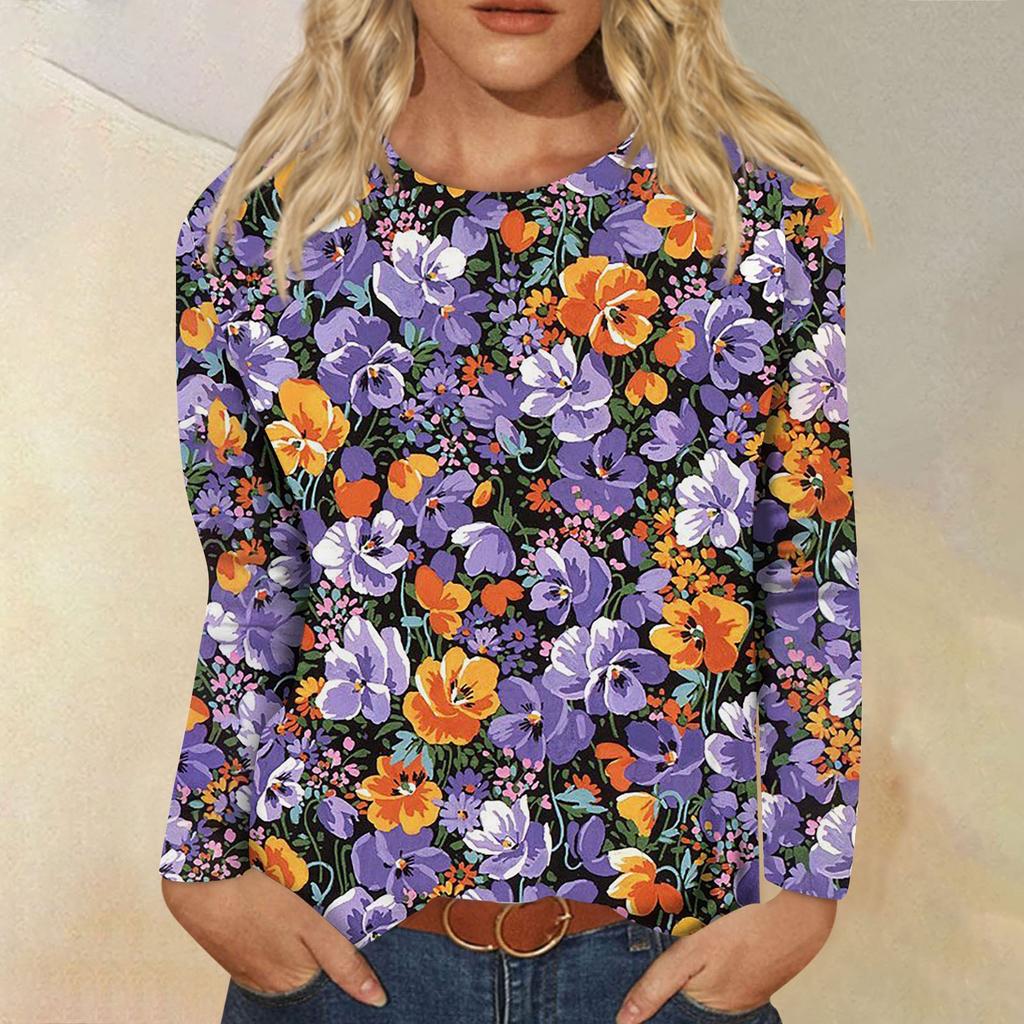 Женская мода, повседневная блузка с длинным рукавом и цветочным принтом, пуловер с круглым вырезом