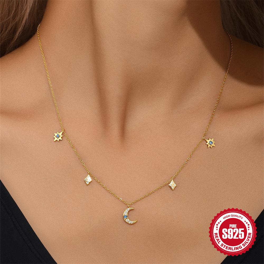 Классический набор из стерлингового серебра S925 «Звезда и луна» с опалом, многослойное женское колье, восьмиконечная звезда, четверная цепочка для ключицы