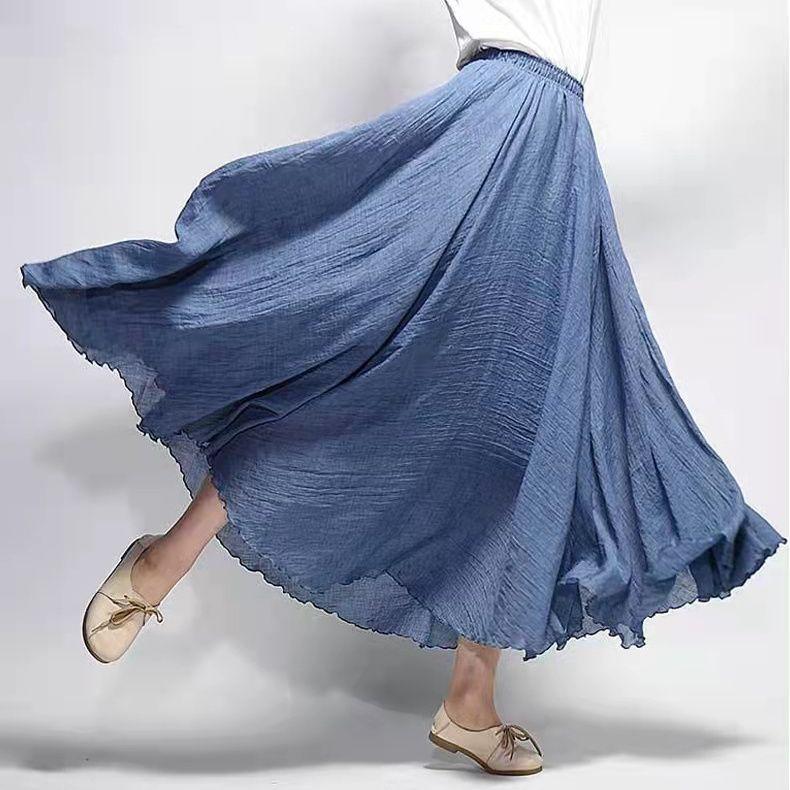 Double Layer Cotton and Linen Skirt with Big Swing Solid Color
