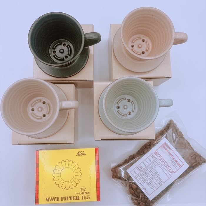 Kalita MI155 Кофейные зерна Kalita Керамика Mino с волнами Сделано в Японии Набор бумажных контейнеров для кофе, Дриппер, Керамический, 1-2 чашки, (Песочно-коричневый, Фасоль, Упаковка 50 шт.)