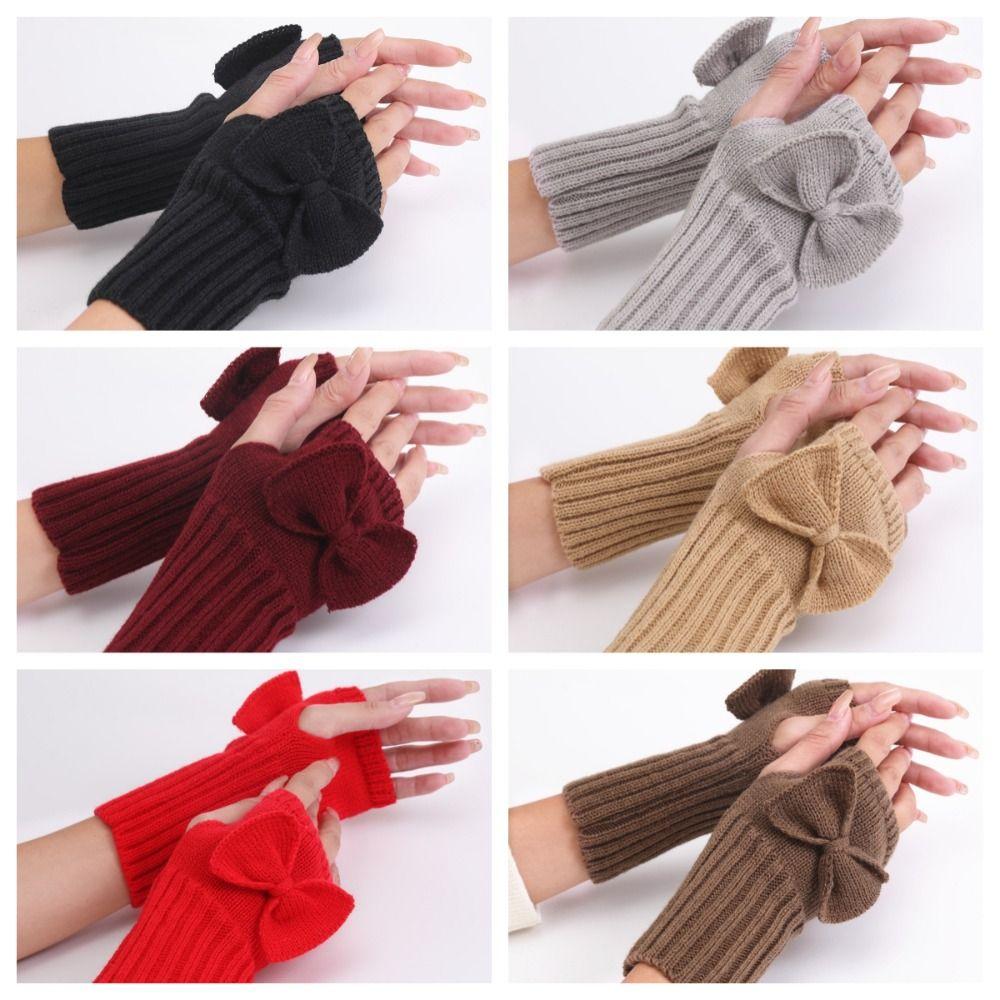 Велоперчатки Перчатки вязаные бантом Перчатки с половиной пальцев Модные перчатки с косичками Девочки