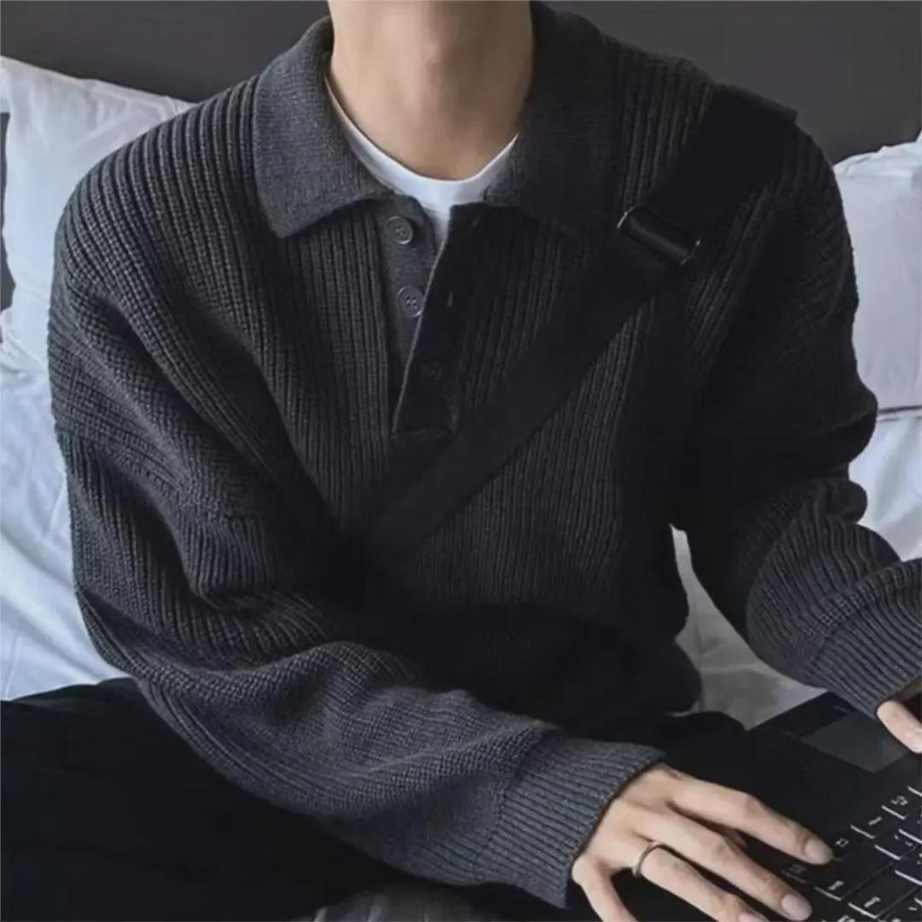 Men's Hong Kong Style Polo Collar Sweater: Autumn/Winter Loose Fit, Long Sleeve, Solid Color Lapel Top