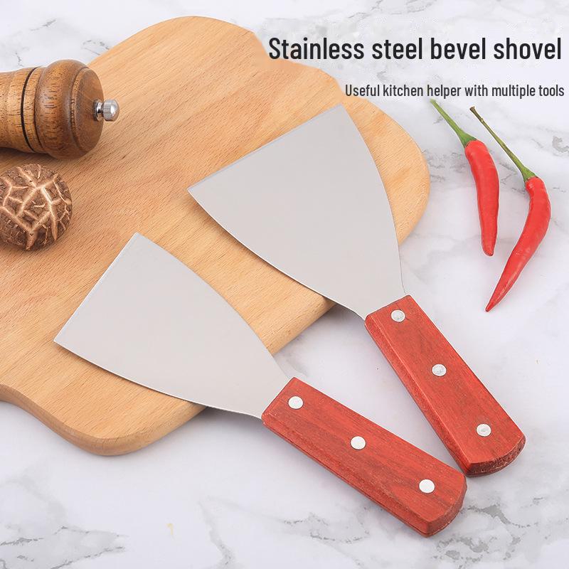 Наклонная лопатка теппаньяки из нержавеющей стали с деревянной ручкой для жареной лапши, блюд японской кухни, блинов и выпечки.