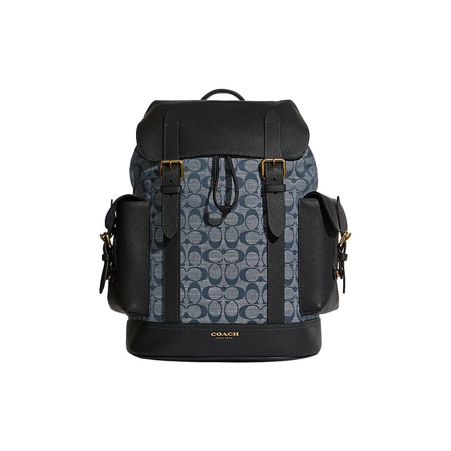 Coach Blue Signature Canvas Black Leather Trim Large Flap Backpack with Side Pockets for Daily Use