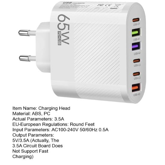 Зарядная головка с несколькими интерфейсами, 3 USB и 3 типа C, быстрое зарядное устройство, портативное зарядное устройство с вилкой европейского стандарта для телефона, для путешествий, домашнего офиса