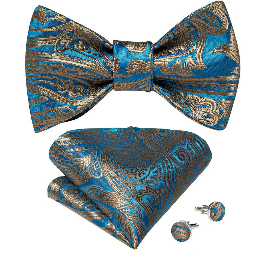Wedding Bowtie Set for Men Adjustable Self Tied Bowtie Paisley Silk Bowtie Hanky Cufflink Set Dibangu