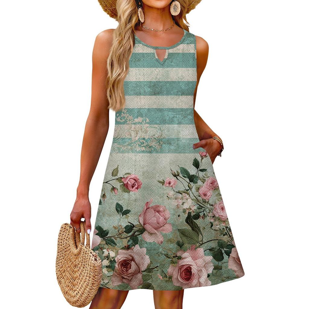Ladies Fashion Casual Summer Floral Print Dress With Pocket Beach Holiday Vest Dress