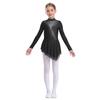 Girls Figure Skating Dress Sheer Mesh Patchwork Glittery Rhinestones Long Sleeve