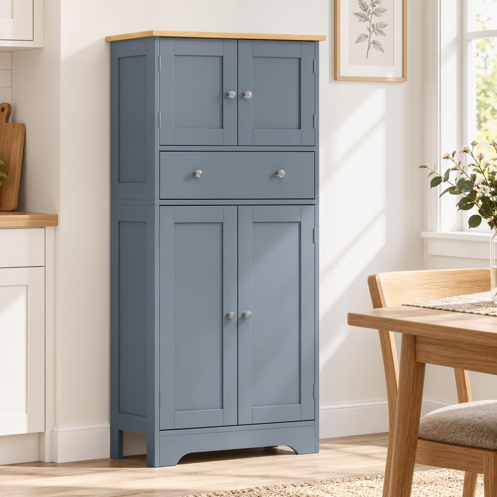 Kitchen Cupboard, Modern Freestanding Kitchen Storage Cabinet with Doors and Shelves, Grey Blue